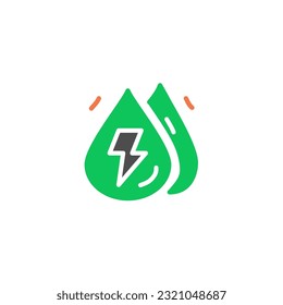 Agua y energía eléctrica de trueno. Icono de color sólido verde y naranja con tema de energía ecológica verde