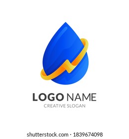 water thunder logo, water and thunder , combination logo with 3d blue and yellow color style
