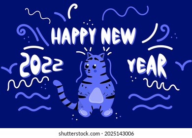 Water tiger 2022 new year celebration flat vector illustration. Cute hand drawn animal character in water with holiday lettering  and doodle waves on blue background. Print design, postcards, covers.