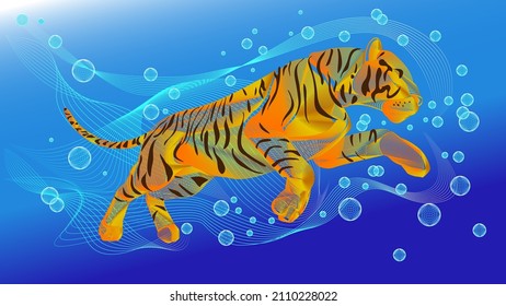 Water tiger line art wallpaper. Blending lines styles on blue backgrounds.