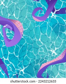 Water top view background with octopus tentacles. Blue ripples pattern with glares. Sea, pool or ocean illustration. Cartoon vector illustration.