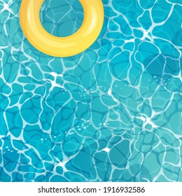 Fondo de la parte superior del agua con anillo de natación amarillo. Patrón de ondas azules con glares. Ilustración del mar, la piscina o el océano. Ilustración vectorial de dibujos animados.