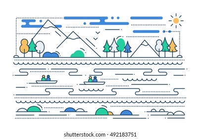 Water tourism - vector line flat design illustration with mountain landscape, river, people in the boats