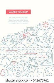 Water tourism - vector plain line design brochure poster, flyer presentation template, A4 size layout.
