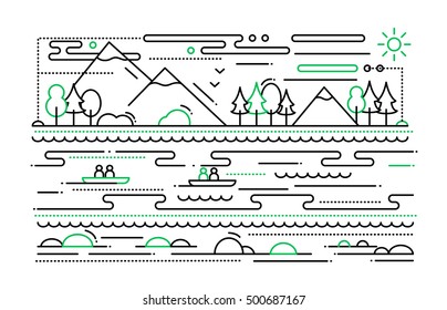 Water tourism - vector simple line flat design illustration with mountain landscape, river, people in the boats