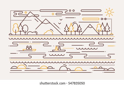 Water tourism - vector simple line flat design illustration with mountain landscape, river, people in the boats