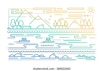 Water tourism - vector simple line flat design illustration with mountain landscape, river, people in the boats - color gradient