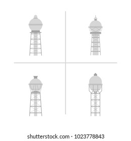 Water tower building icon set. Stock vector illustration of industrial construction with water reservoir in flat style.