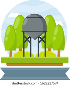 Water tower. Communication system of small town. Industrial tank. Farm building and green rural landscape with trees. High cylinder and barrel. Grey ribbon for text and logo. Cartoon flat illustration