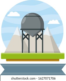 Water tower. Communication system of small town. Industrial tank. Farm building and mountain landscape. High cylinder and barrel. Grey ribbon for text and logo. Cartoon flat illustration