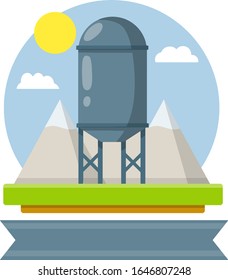 Water tower. Farm building and mountain landscape. High cylinder and barrel. Grey ribbon for text and logo. Cartoon flat illustration. Communication system of small town. Industrial tank