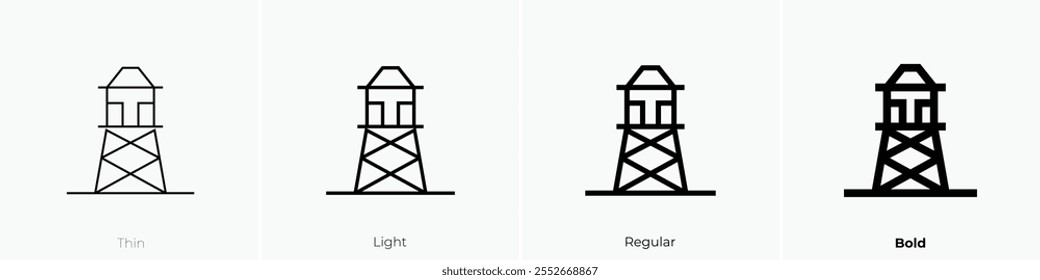 ícone da torre d'água. Design fino, leve, regular e negrito, isolado no fundo branco