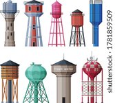 Water Tower Industrial Constructions Collection, Countryside Life Objects Flat Vector Illustration on White Background