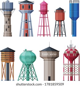 Water Tower Industrial Constructions Collection, Countryside Life Objects Flat Vector Illustration on White Background
