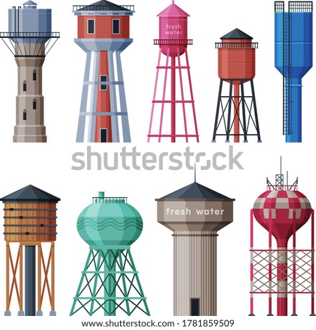 Water Tower Industrial Constructions Collection, Countryside Life Objects Flat Vector Illustration on White Background