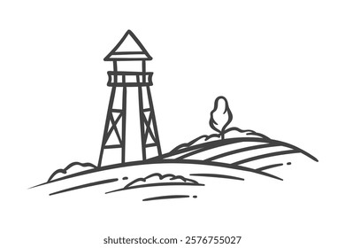 Water tower on hill, farm field landscape line icon. Outline hand drawn summer countryside scenery with watchtower and square tank. Farm building, village mascot, rural scene icon vector illustration