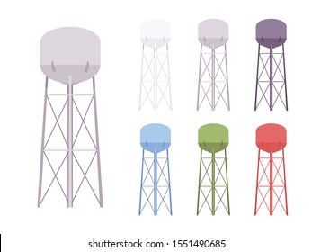 Water tower set  Modern high metal large tank construction  standpipe serving as hydro reservoir   resources storage system  Vector flat style cartoon illustration  different colors   views