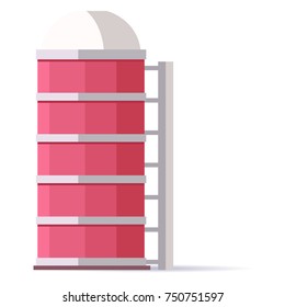 Water tower supporting elevated water tank, whose height creates pressure required to distribute water through piped system isolated on white. Vector illustration of cartoon building for mobile