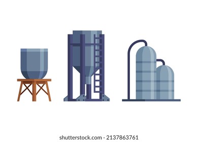 Water Tower With Tank As Construction For Potable Water Storage Vector Set