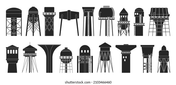 Wasserturm, Vektorsymbol schwarz gesetzt. Vektorgrafik-Tank-Reservoir auf weißem Hintergrund. Einziger Wasserturm aus schwarzem Set.