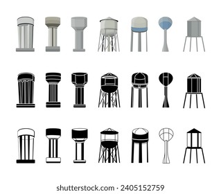 Water tower Vector Illustration Clip Art Set, Water tower Isolated White Background. Water Tower Industry, Container Tank Supply, Tower Illustration Collection.