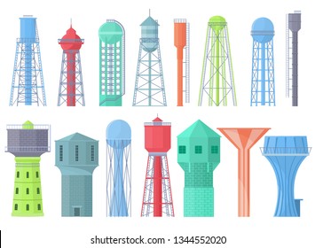 Water tower vector tank storage watery resource reservoir and industrial high metal container water-tower illustration set of towered construction isolated on white background
