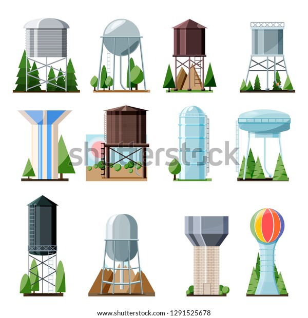 Water
tower vector tank storage watery resource reservoir and industrial
high metal structure container water-tower illustration set of
towered construction isolated on white
background