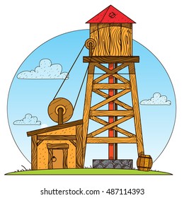 Water tower. Vintage structures. Design gaming applications, game background, theatrical scenery.