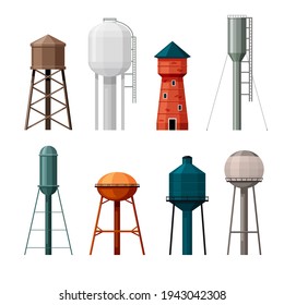 Water towers set. Industrial tanks made red brick and steel for storing supplies drinking liquid tall gray frames with vertical ladders maintenance plumbing infrastructure. Vector containers.