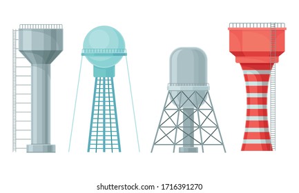 Water Towers or Tank Houses Made of Metal Vector Set