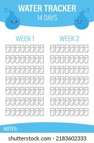 Water tracker for 2 weeks, 14 days. A4 printable poster, resizable vector template design with cute cartoon style water drop characters. Drink more water. Healthy habits tracker.
