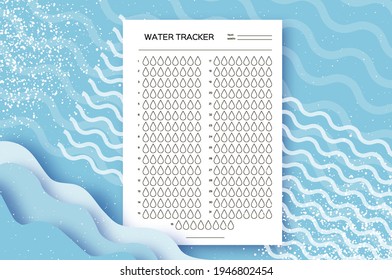 Water Tracker. Water Balance Calendar. Water Monthly Tracker. 31 days. Hydration Challenge. Blue background.
