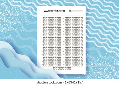 Water Tracker. Water Balance Calendar. Water Monthly Tracker. 31 days. Hydration Challenge. Blue background.