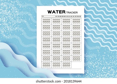 Rastreador de agua. Calendario de balance de agua. Rastreador de agua mensual. 31 días. Desafío de la hidratación. Fondo azul.