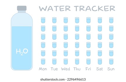 Water Tracker. Water Balance Calendar. Water weekly Tracker. From Monday to Sunday. Hydration Challenge. Flat vector illustration on a white background. Drinking water checklist with bottle and cups.