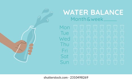 Water Tracker. Water Balance Calendar. Water weekly Tracker. From Monday to Sunday. Hydration Challenge. Flat vector illustration on a blue background. Drinking water checklist with bottle