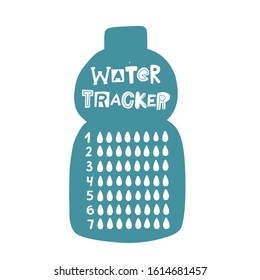 Water tracker balance vector calendar. Hand drawn weekly habit blank. Stylized doodle lettering on the bottle for print, dairy and bullet journal.