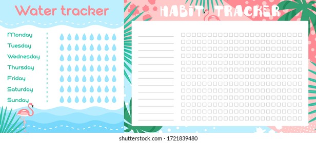 Water tracker list vector illustration. Cartoon flat blank journal planner with tropical floral art design and flamingos for goal progress tracking, personal organizer for healthy lifestyle planning