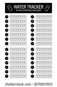 Water tracker for month. 30 days hydration challenge. A4 printable poster, resizable vector template design. 