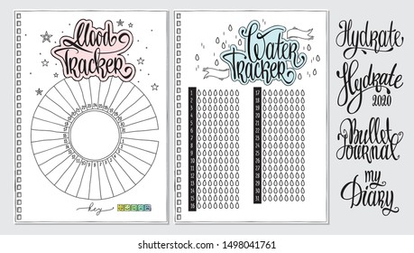 Water tracker. Mood tracker blank with hand written cute numbers and lettering. Bullet journal template. Hydrate lettering. Goal and habit tracker.