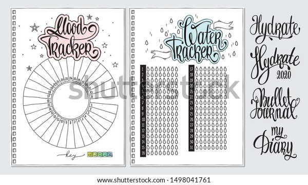Water tracker. Mood tracker blank with\
hand written cute numbers and lettering. Bullet journal template.\
Hydrate lettering. Goal and habit\
tracker.