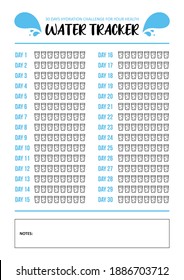 Rastreador de agua. Plantilla A4 imprimible. 30 días de desafío hidratante. El concepto de agua potable.