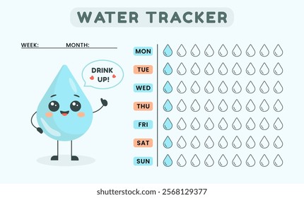 Water tracker template with cute water drop character and weekly hydration log. Flat vector illustration