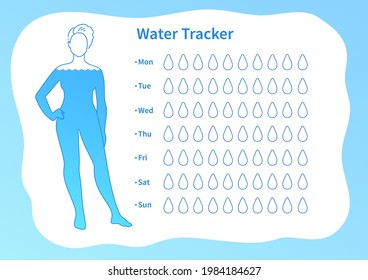 Water tracker template with female silhouette. Vector illustration.