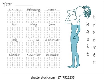 Water tracker template in hand drawn style style. For print, dairy and bullet journal. Vector illustration with the ability to paint water droplets.