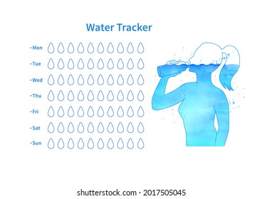 Water tracker template with watercolor  female silhouette drinking water. Vector illustration.