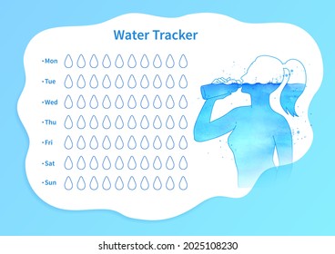 Water tracker template with watercolor  female silhouette drinking water. Vector illustration.