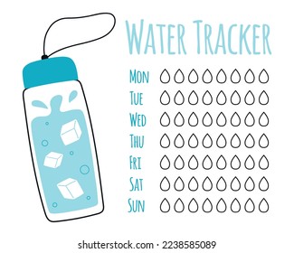 Wassertracker, Vektorvorlage. Trinkwasserkontrollliste. Wasserspur mit Flasche. Vektorgrafik. Doodle-Stil.