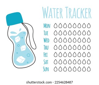 Water tracker vector template. . drinking water checklist. Water tracker with cool water bottle. vector illustration. Doodle style.