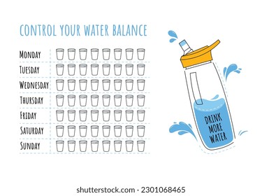 Water tracker vector template. Drinking water checklist. Water tracker with cool water bottle. Vector illustration. Doodle style. Flat style